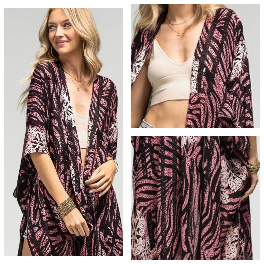 Tropical Flower & Pink Zebra Print Kimono - Lightweight Silky Material
